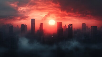 Fototapeta premium A city skyline with a large red sun in the sky