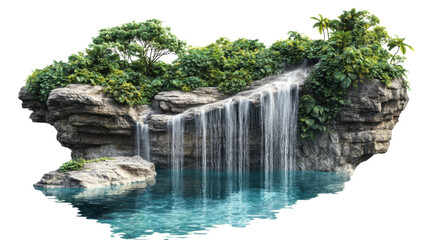 Tropical waterfall cascading into tranquil pond with transparent background