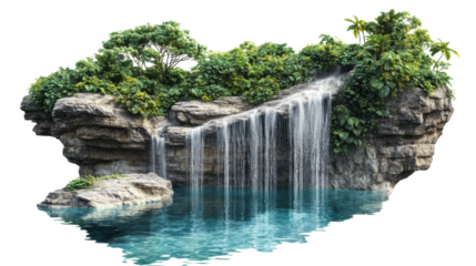 Tropical waterfall cascading into tranquil pond with transparent background