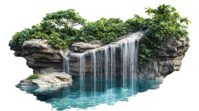 Tropical waterfall cascading into tranquil pond with transparent background