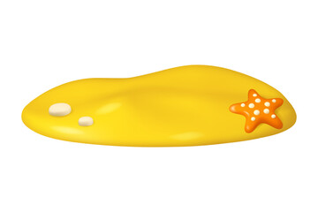 Sand island with starfish and stones vector 3d icon. Cartoon dune isolated on white background. Desert hills, piece of beach. Holiday vacation concept