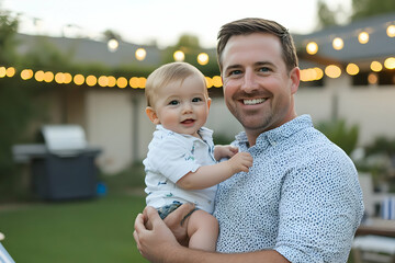 A smiling father holds his baby son in a backyard setting with string lights.