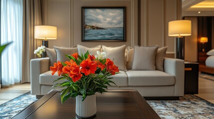 Luxury Hotel Suite Living Room Interior Design with Orange Flowers