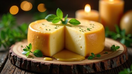Aromatic wheel of cheese, delicately sliced, presented on rustic wooden board with fragrant herbs and soft candlelight ambiance.