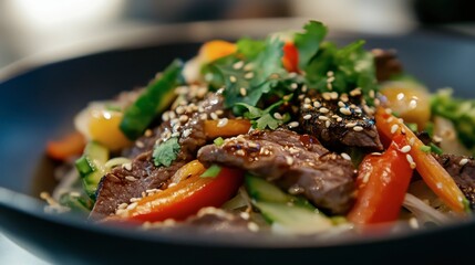 Fototapeta premium Colorful Stir-Fried Beef with Noodles and Fresh Vegetables
