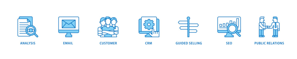 Inbound marketing icon set flow process which consists of analysis, email, customer, crm, guided selling, seo and public relations icon live stroke and easy to edit .