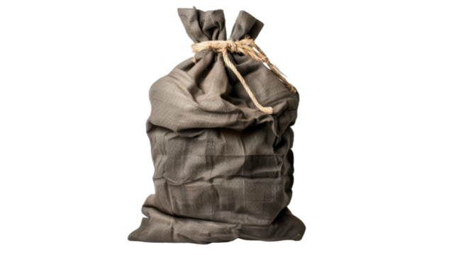 Closed burlap sack tied with rope on transparent background