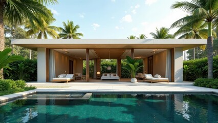 Serene Tropical Pavilion with Infinity Pool and Lush Landscaping A Modern Oasis for Relaxation and Tranquility