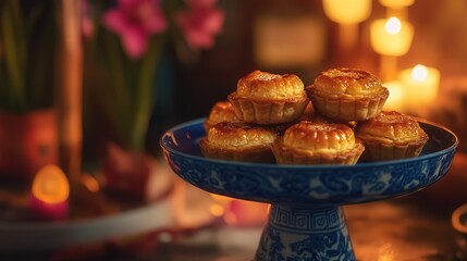 Obraz premium Golden egg tarts with flaky pastry, a sweet treat to symbolize wealth and good fortune this Chinese New Year