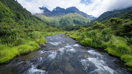 Mountain river flows through lush valley. Background mountains, travel photography