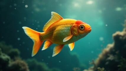 A vibrant orange goldfish gracefully swims amidst underwater flora, its scales shimmering in the sunlight filtering through the water's surface.