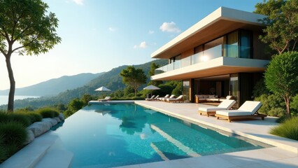 Fototapeta premium Modern hillside home with infinity pool and breathtaking panoramic views