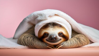 Relaxed Sloth in a Spa: Cozy Towel and Dreamy Pastel Ambiance