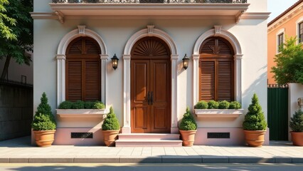 Fototapeta premium Elegant Mediterranean-style building facade with arched windows, wooden double doors, and potted plants