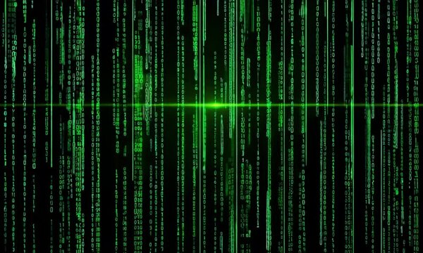 Abstract green digital binary code falling down on black background.