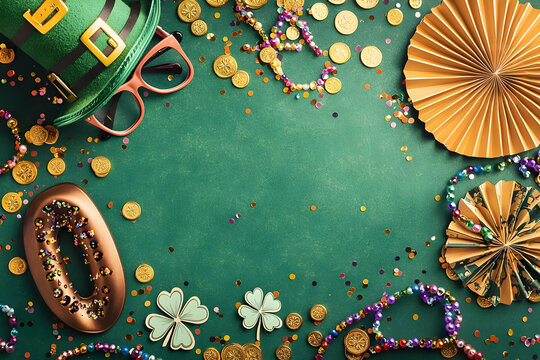 St. Patrick's Day party decorations and accessories on a green background.