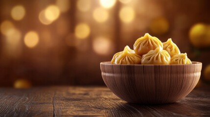 Delicious Dumplings Served in a Wooden Bowl on Rustic Table