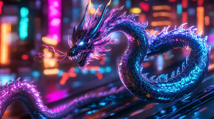 neon cyberpunk dragon in cityscape 3d render