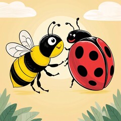 Obraz premium Friendly Bee and Ladybug Illustration