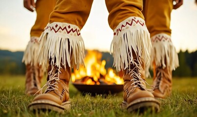 Feet of people in traditional costumes near bonfire.