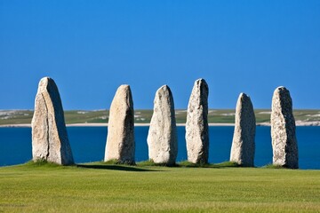 Standing stones on green grass by the sea.