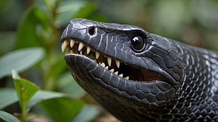 Obraz premium Black Mamba Fangs and Piercing Eyes in Close-Up View Within Natural Habitat