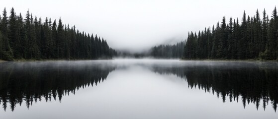 Misty lake reflects pine forest, creating a serene, mirrored landscape.