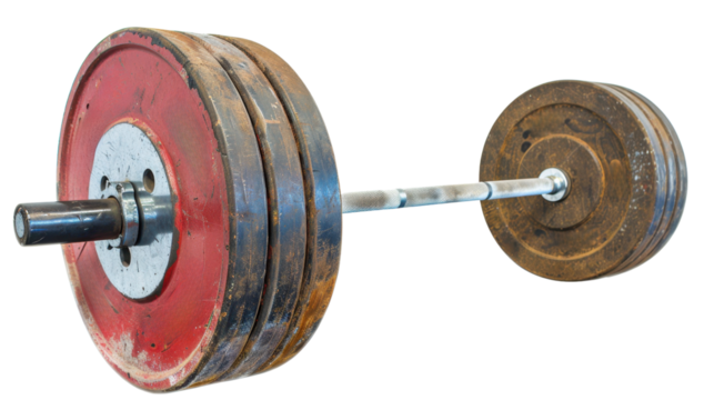 Old and rusty barbell with weights isolated on transparent background