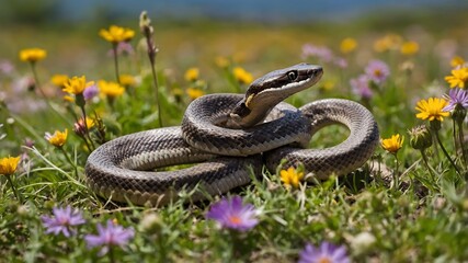 Fototapeta premium Elapid Snakes Mating Ritual with Courtship Dance Amidst Blooming Wildflowers