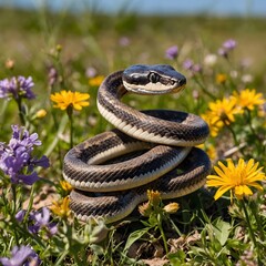 Obraz premium Courtship Dance of Elapid Snakes Amidst Blooming Wildflowers During Mating Ritual