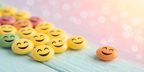 Smiling laughing emojis on a colorful background for April Fool’s Day concept
