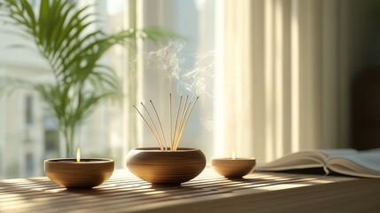 Fototapeta premium Incense sticks burning in decorative holders, creating a serene and respectful atmosphere.