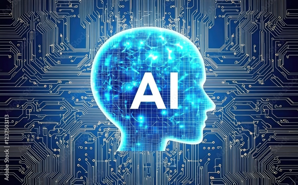 Poster ai-themed glowing brain with circuits forming a detailed head silhouette, showcasing the connection 