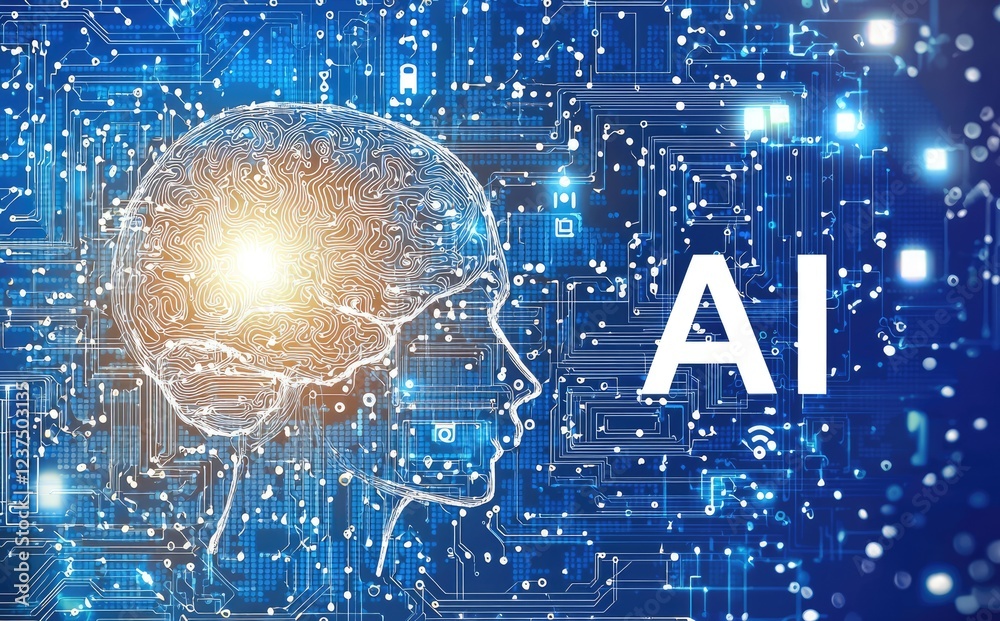 Poster A glowing digital brain integrated into a futuristic circuit board with 