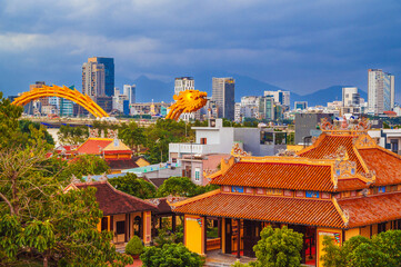 Da Nang city with Dragon Bridge in Vietnam. Panorama of the city in Asia at day