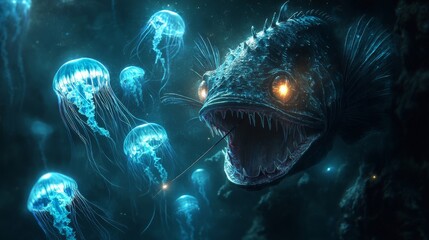 Obraz premium Mysterious Deep-Sea Anglerfish with Glowing Lure Illuminating the Darkness of the Ocean Depths