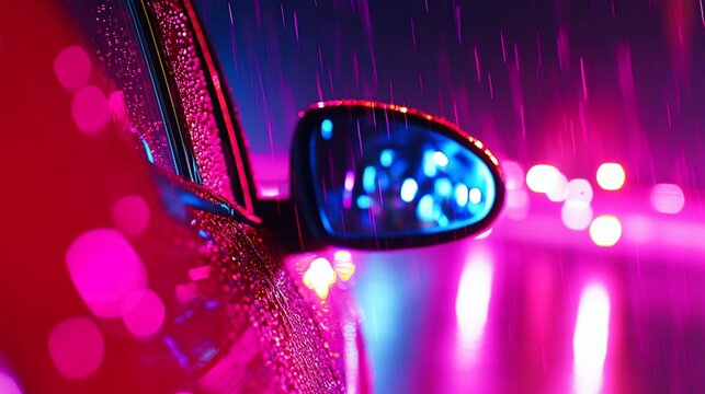 Red car mirror reflecting neon city lights in rain.