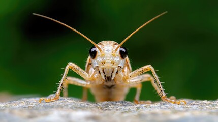 Fototapeta premium Close-up of a pale grasshopper on a rock, green background, nature macro photography, wildlife