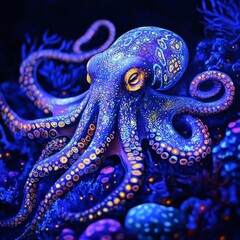 Obraz premium Enigmatic Deep-Sea Octopus Illuminated with Intricate Glowing Patterns Amidst the Abyssal Depths of the Ocean