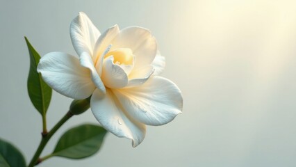 Obraz premium A Delicate White Gardenia Blossom with Gentle Dew Drops, Gracefully Displayed on a Soft Background