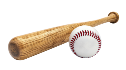 Wooden baseball bat leaning on a baseball with transparent background