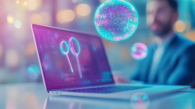 digital scissors laptop neon tech concept - neon and glowing effects