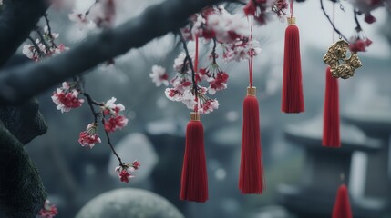 Set up a calm and respectful space in the cemetery using cherry blossom branches, red tassels, and small gold ingots.