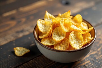 A bowl of crispy, golden-brown, textured, crunchy, savory snacks rests on a rustic wooden surface.