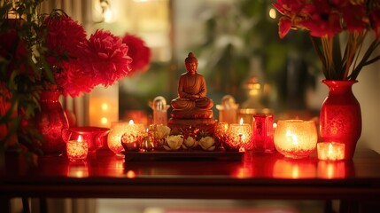 serene and respectful space using soft red lighting, traditional ornaments, and seasonal flowers.