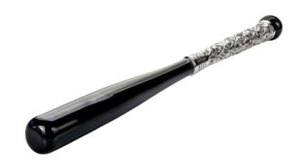 Black baseball bat with silver handle on transparent background
