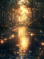 Fototapeta premium Enchanting Night Scene with Glowing Fireflies Lighting up a Tranquil Pond under the Blanket of Darkness