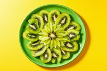 Vibrant kiwi slices on green plate with yellow background for summer