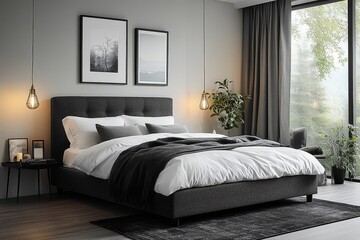 Modern black fabric bed frame with headboard and footboard, white walls, black rug, and decorative bedside tables in an elegant bedroom setting.