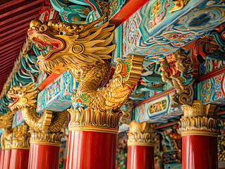 Obraz premium A beautifully decorated temple ceiling, adorned with intricate golden dragons